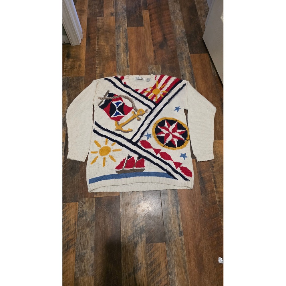 Vintage Chaus Nautical Knit Sweater Cream Ramie Cotton Sailboat Anchor Womens M
